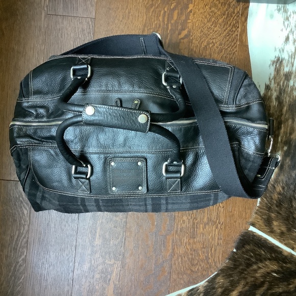 Fossil Weekend Travel Duffle Bag Genuine Leather and Wool Plaid Fabric Vintage